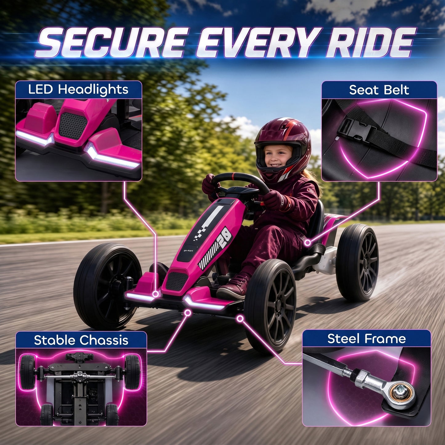 AIYAPLAY 12V Electric Go Kart for Kids with Dual Motors, Adjustable Seat, Soft Start, LED Lights, EVA Wheels, for Age 3-6, Pink