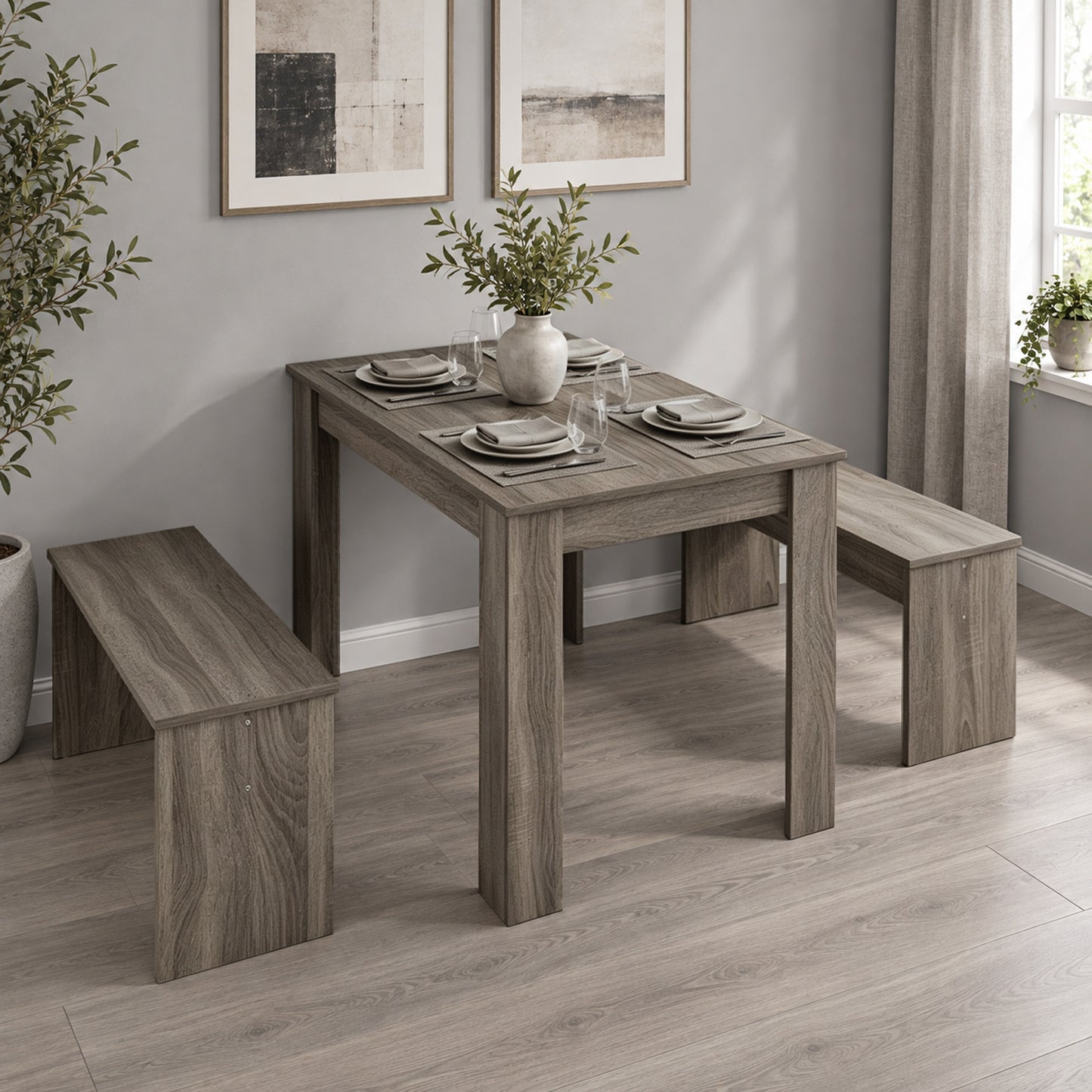 HOMCOM Kitchen Dining Table and 2 Benches Set, Table and Chairs Set for Limited Space, Grey Wood Effect