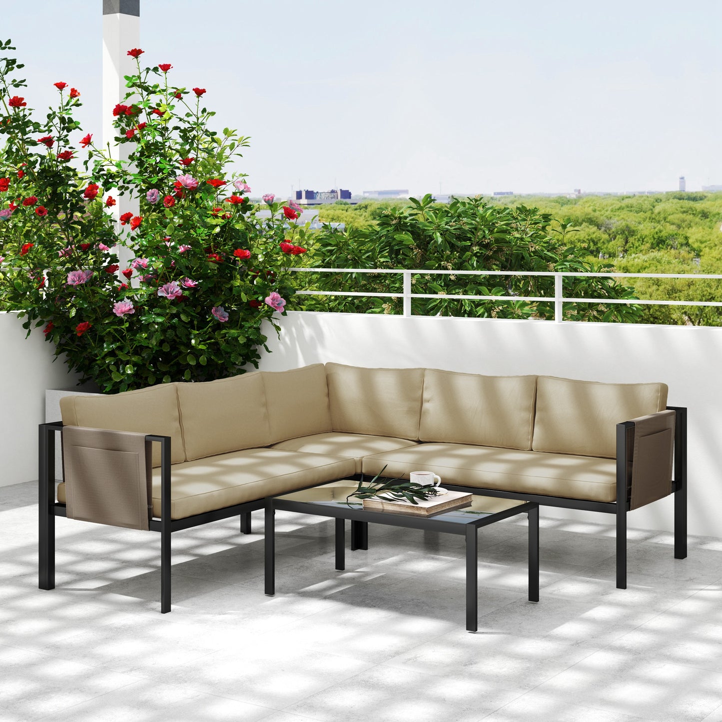 Outsunny 4 Pc Metal Garden Furniture Set w/ Glass Coffee Table, Mesh Pocket, Sofa Loveseat, Padded Cushions, Khaki