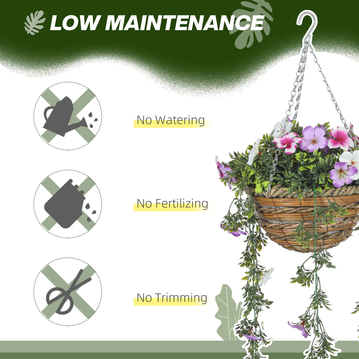 HOMCOM Set of 2 Decorative Artificial Plants, Faux Silk Azalea Flowers in Hanging Baskets, Pink and White