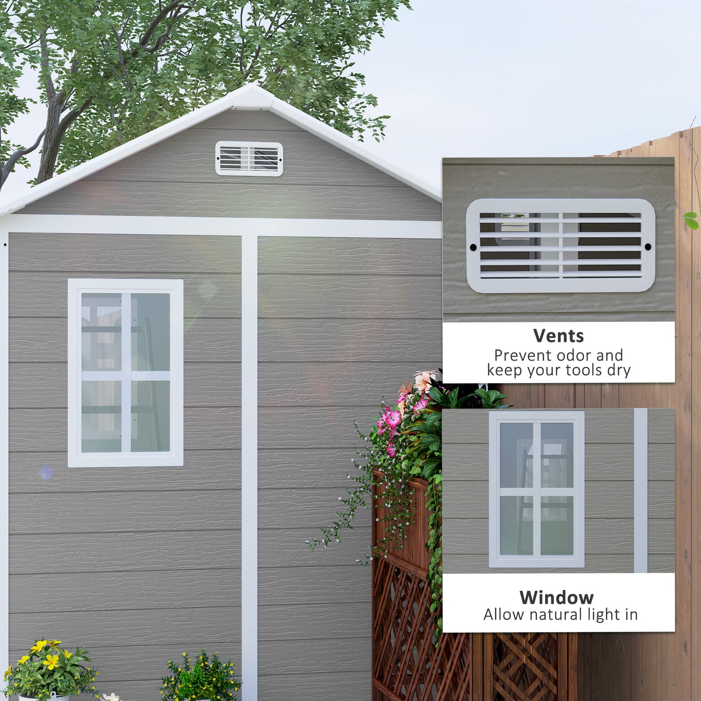 Outsunny 6 x 6ft Garden Shed, Plastic Shed with Floor, Window, Lockable Doors and Vents, Wood Effect Resin Tool Shed for Outdoor Patio, Grey