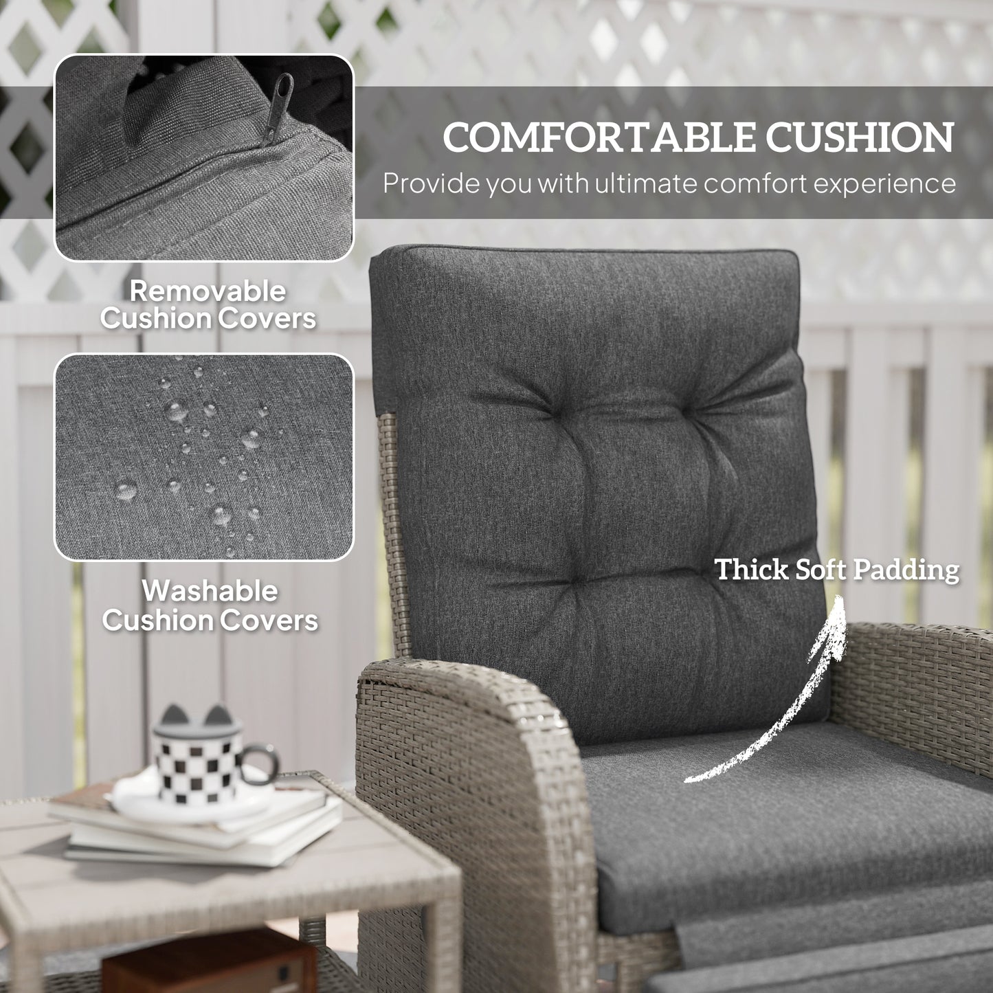 Outsunny 2 Seater Patio Rattan Wicker Chaise Lounge Sofa Set w/ Cushion for Patio Garden Porch, Grey