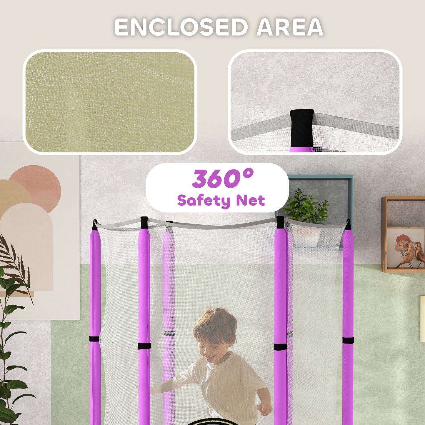 AIYAPLAY 4.6FT Toddler Trampoline w/ Safety Enclosure Net, for Indoor Outdoor Use, Ages 3-6 Years, Octopus Pattern - Purple