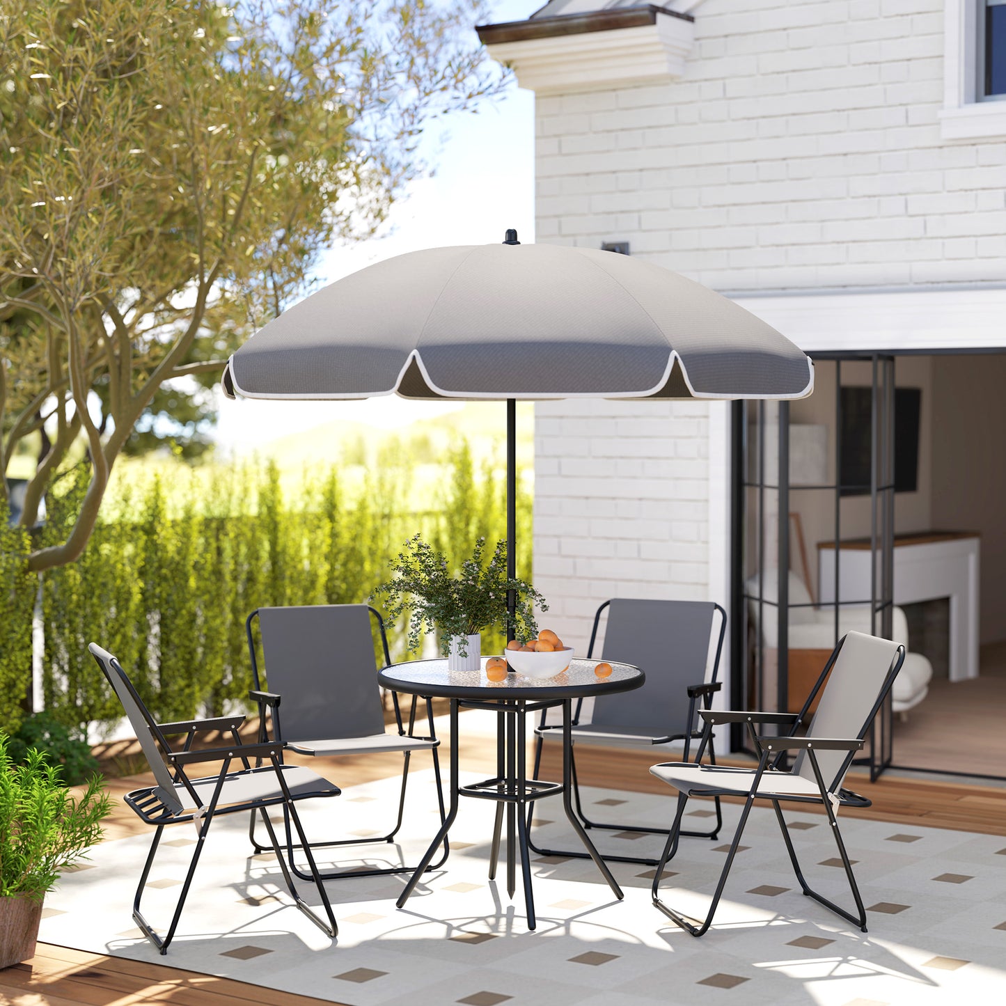 Outsunny 4 Seater Garden Dining Set, 6 Pieces: Folding Chairs, Round Glass Table, Parasol, Grey