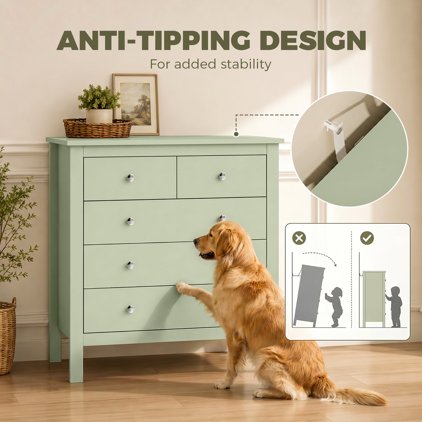HOMCOM 5 Drawer Chest of Drawers, Sage Green