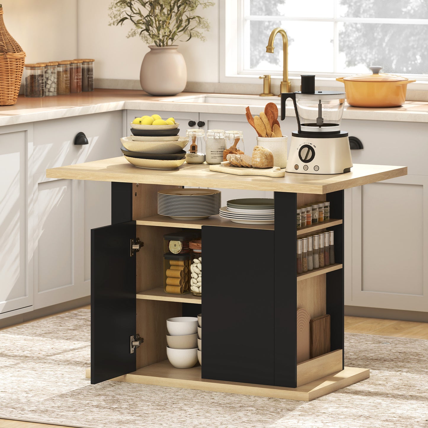 HOMCOM Kitchen Island with Spice Rack, Kitchen Storage with Large Tabletop for 4-6 People, Adjustable Shelves Black & Natural
