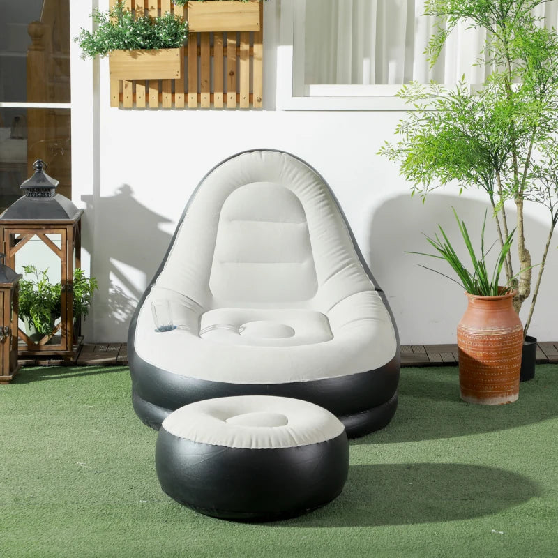 Outsunny Inflatable Sofa Chair and Foot Stool Set with Cup Holder, for Gaming, Reading and Movie Watching, Grey