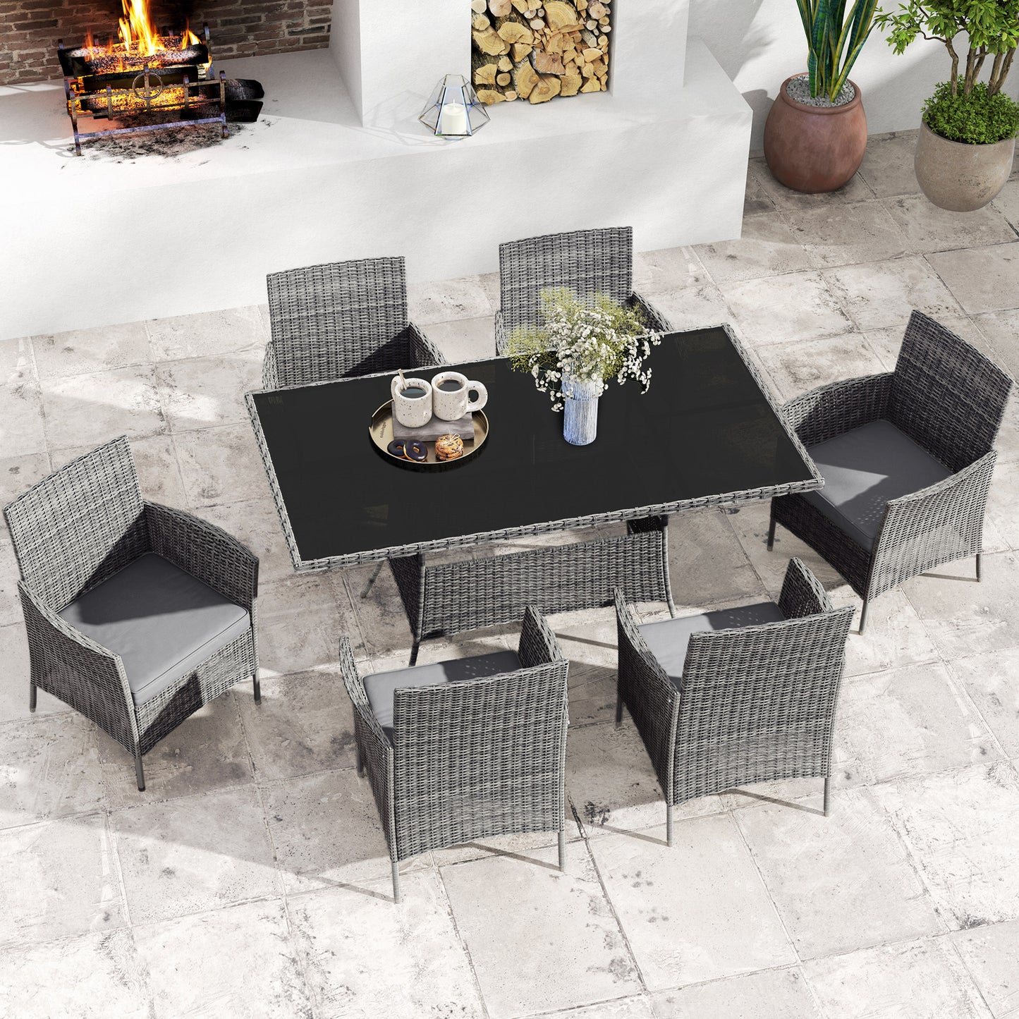 Outsunny 7-Piece Rattan Garden Furniture Set with Cushions, 6 Seater Table and Chairs, Charcoal Grey