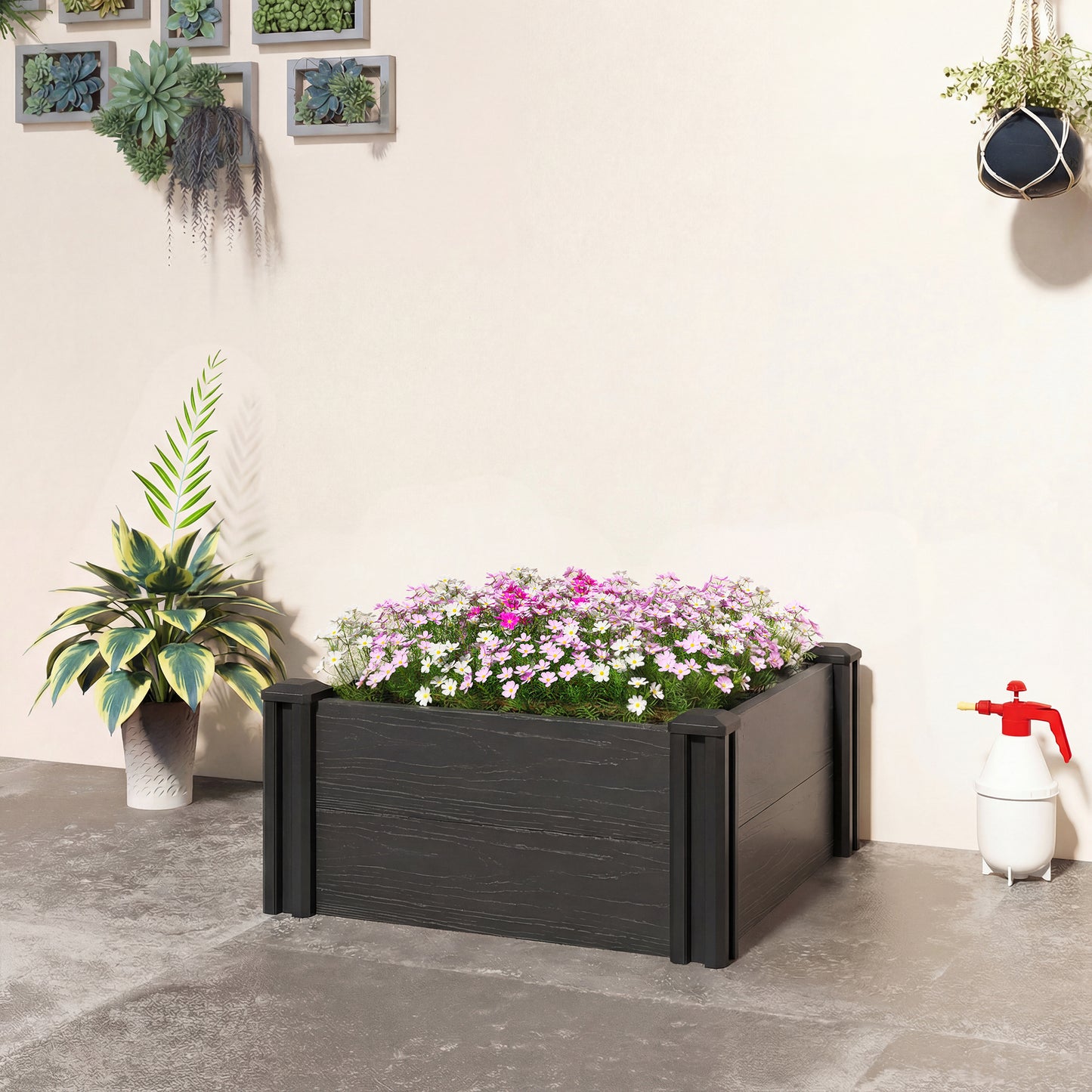 Outsunny Vinyl Raised Garden Bed Kit, 2 x 2 x 1ft Modular Elevated Garden Box with Slotting Legs and Open Bottom, Dark Grey