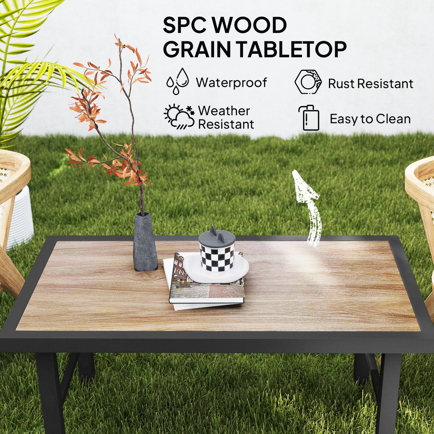 Outsunny Metal Garden Coffee Table, Outdoor Side Table with SPC Woodgrain Tabletop, 100 x 53 x 46cm, Brown Wood Effect