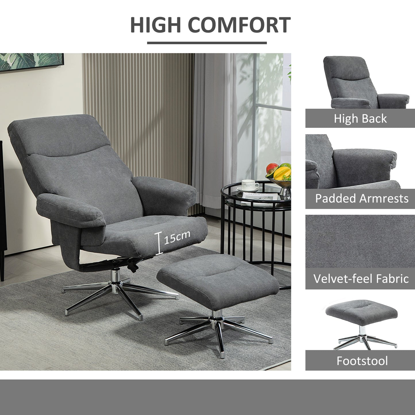 HOMCOM Recliner Chair with Footstool, Upholstered Velvet Fabric Armchair with Adjustable Back, Solid Wood Frame for Living Room, Charcoal Grey