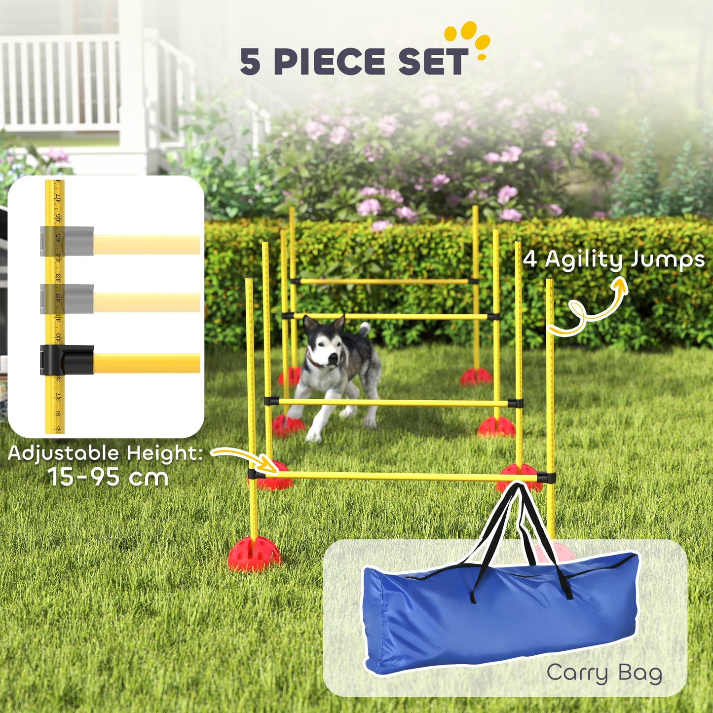 PawHut 5 Piece Dog Agility Equipment with 4 Hurdle & Carry Bag for Jump Training, Yellow