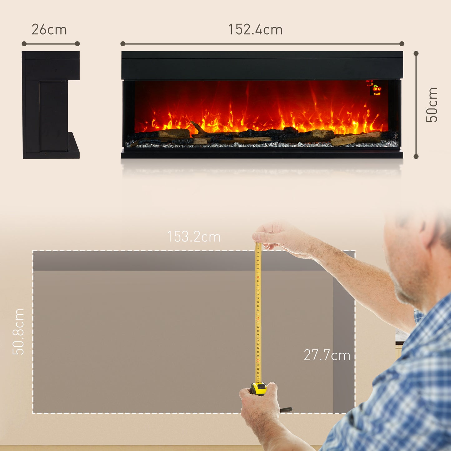 HOMCOM 60inch Media Electric Fireplace Wall Mounted 1800W Black