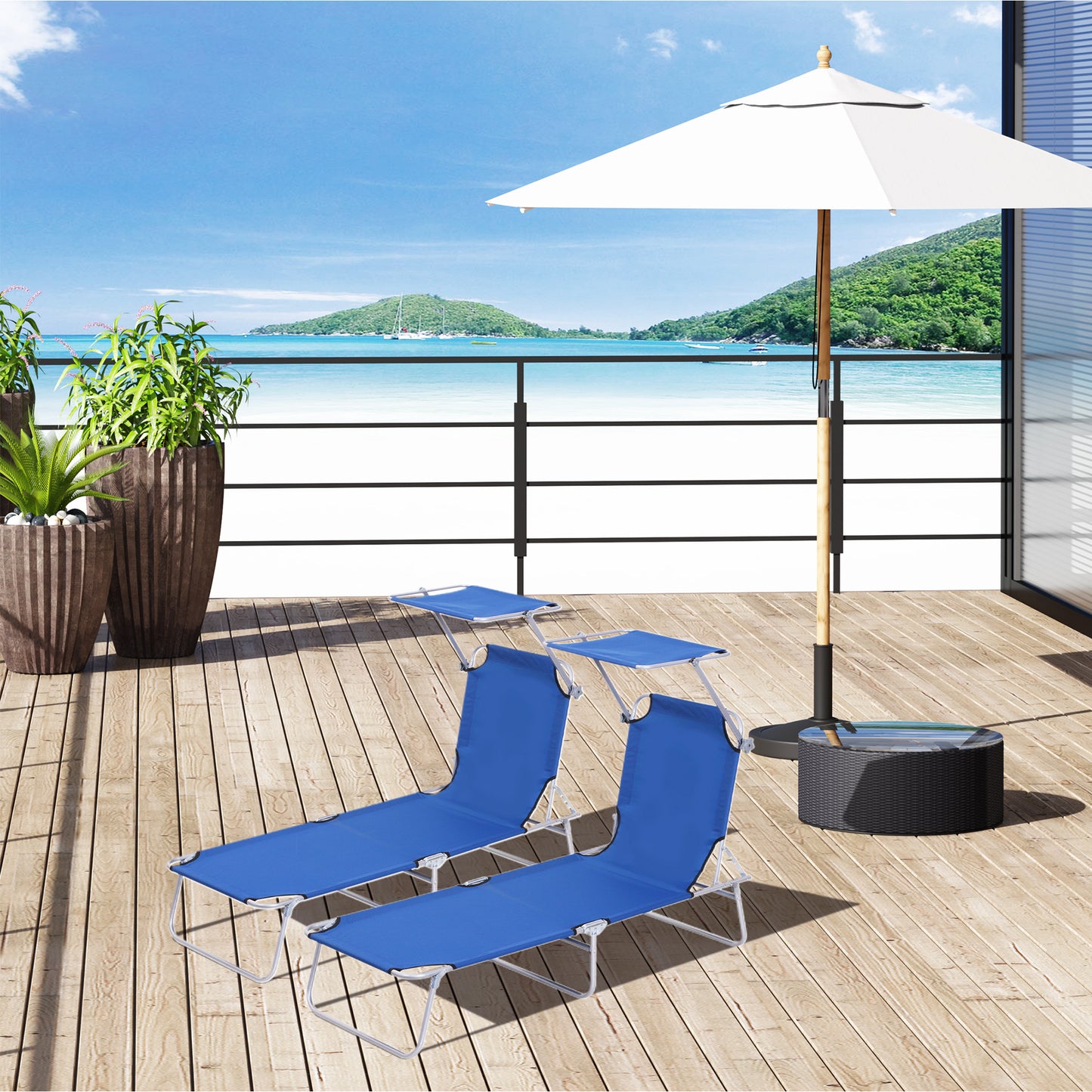 Outsunny 2-Piece Foldable Sun Lounger, 4-Level Adjustable Reclining Chair with Adjustable Sun Shade for Beach, Garden, Patio, Blue.