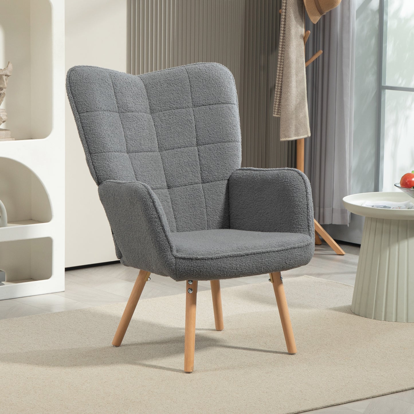 HOMCOM Modern Accent Chair, Upholstered Tufted Wingback Armchair with Seat Padding, Leisure Lounge Bedroom Chair with Wood Legs, Dark Grey