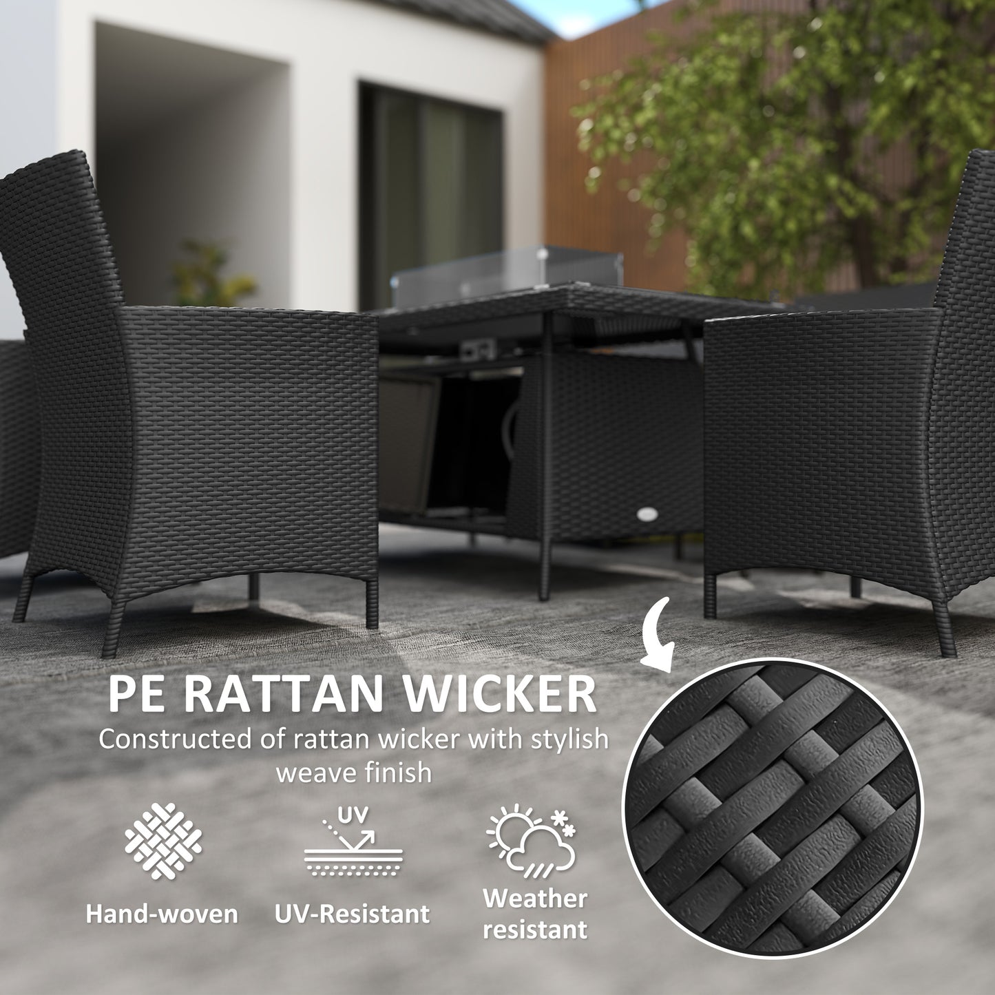 Outsunny 7-Piece Rattan Garden Furniture with Fire Pit Table, 6 Seater Set, Cushions, 50,000 BTU, Black
