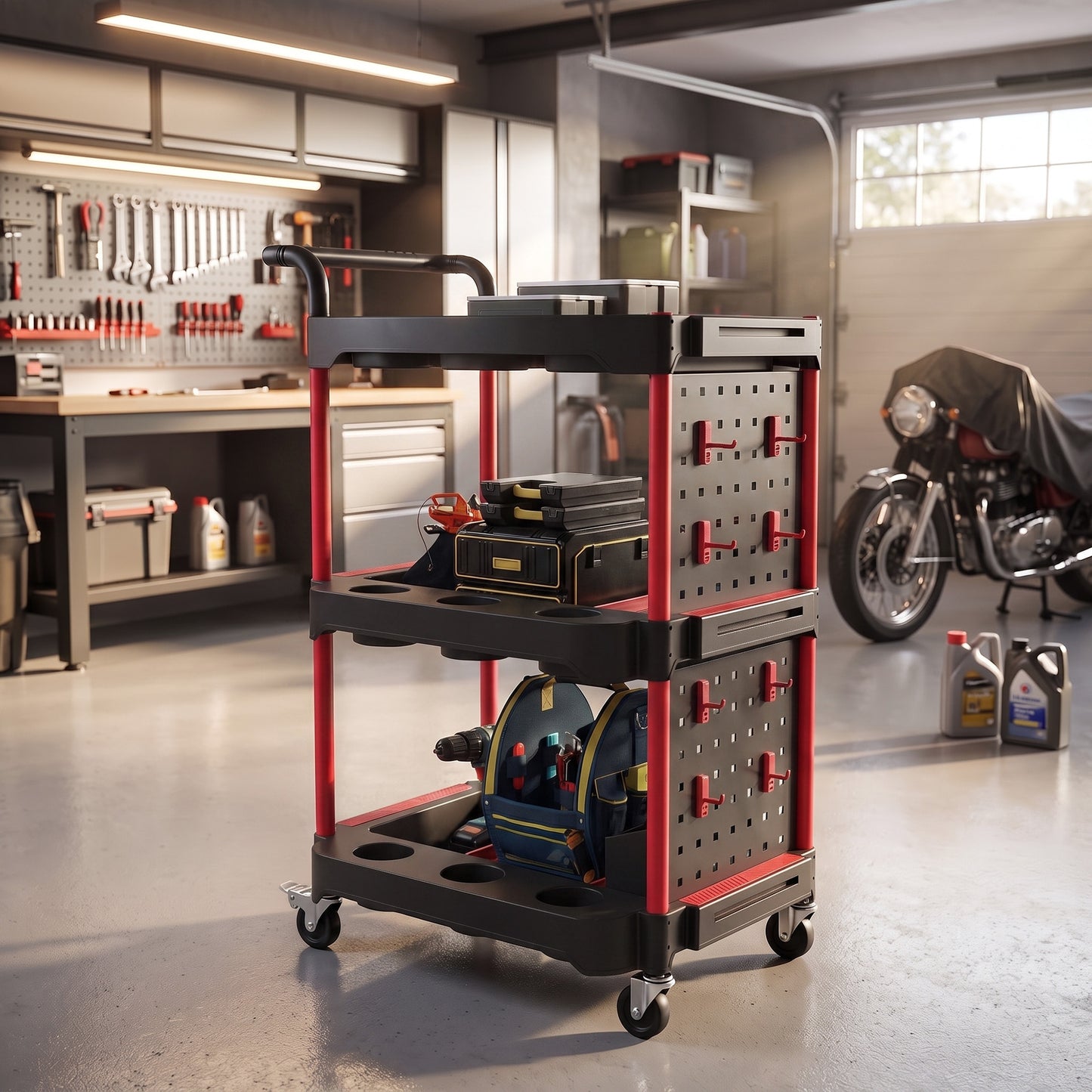 HOMCOM 3-Tier Rolling Tool Cart with Pegboard and Hooks, Storage Trolley Wheel Cart with Brakes, Black & Red