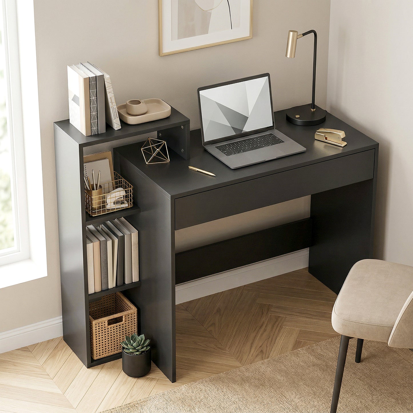 HOMCOM Desk with Storage, Computer Desk with 3 Open Shelves and Drawer, Workstation, Computer Table, Black