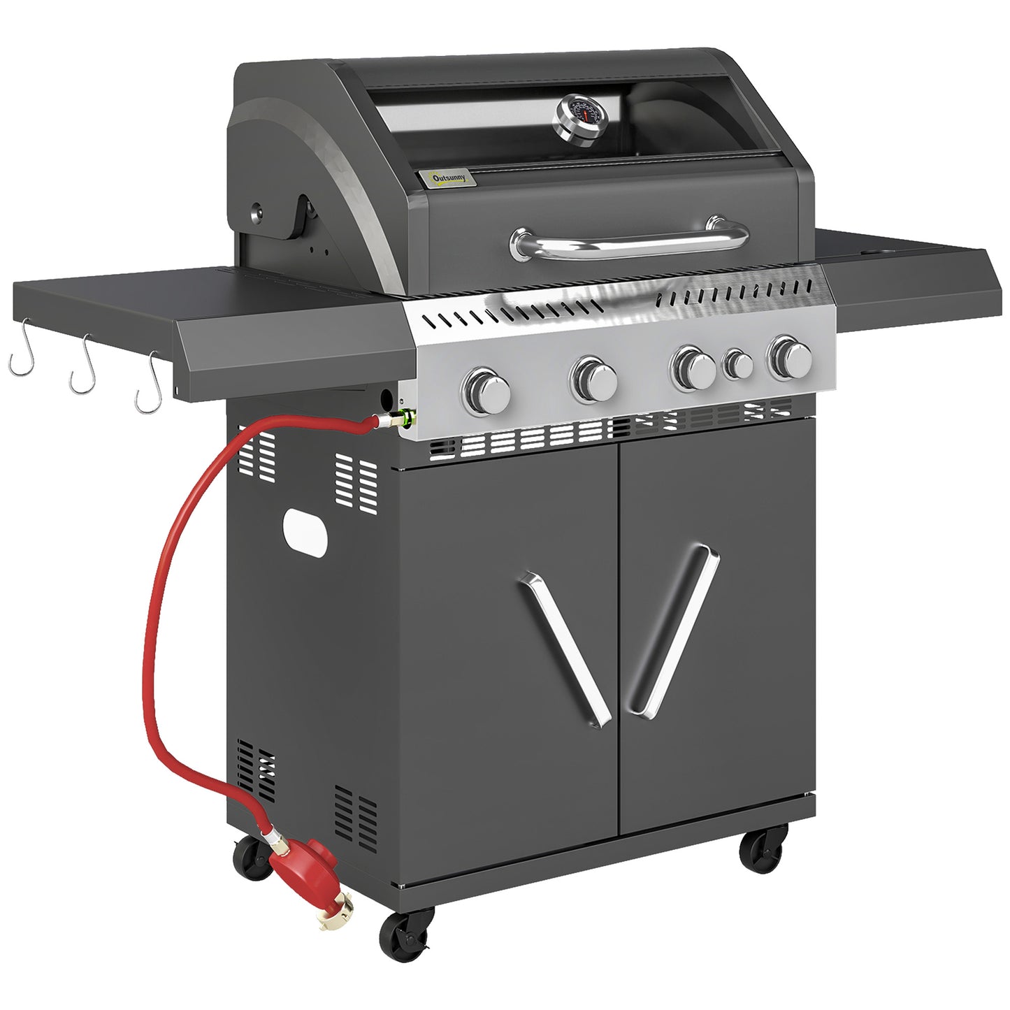 Outsunny 4+1 Burner Gas BBQ Grill, Clear View Lid, Thermometer, Side Table, Cabinet, Wheels, Grease Tray, Garden Outdoor Cooking, Black