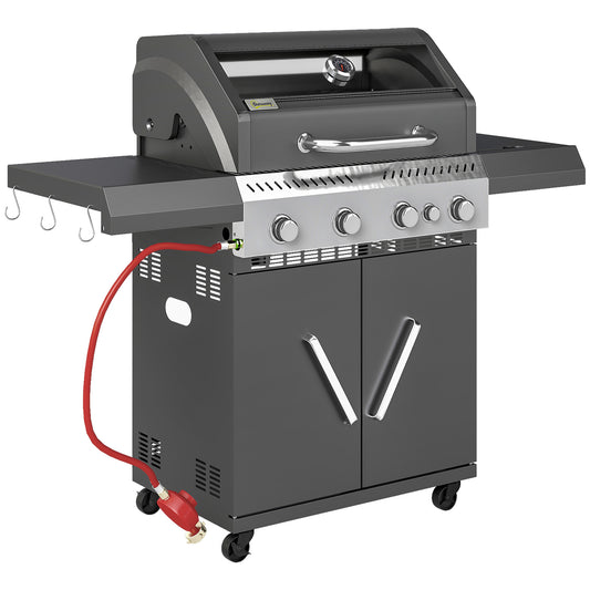 Outsunny 4+1 Burner Gas BBQ Grill, Clear View Lid, Thermometer, Side Table, Cabinet, Wheels, Grease Tray, Garden Outdoor Cooking, Black