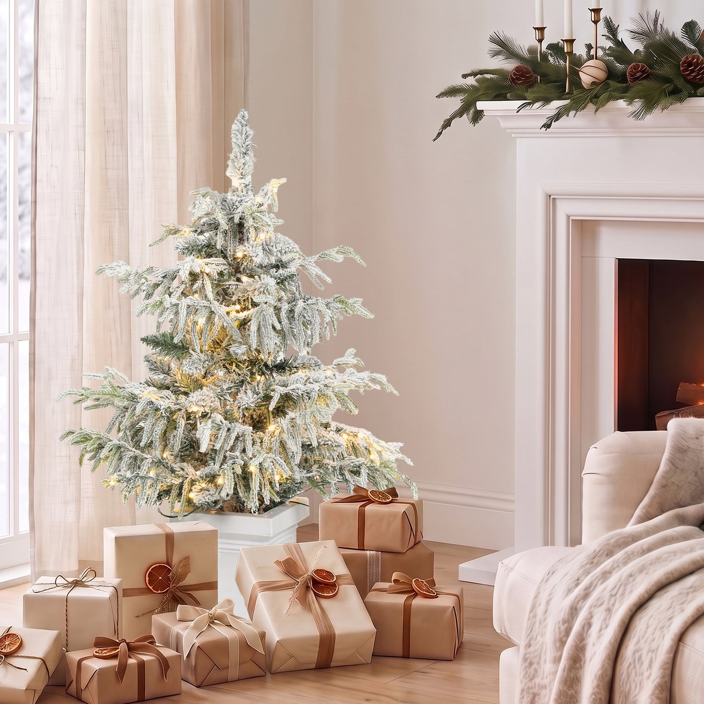 HOMCOM 3ft Prelit Flocked Christmas Tree, Artificial Snow Flocked Spruce with 100 Warm White LED Lights, 8 Modes, Green