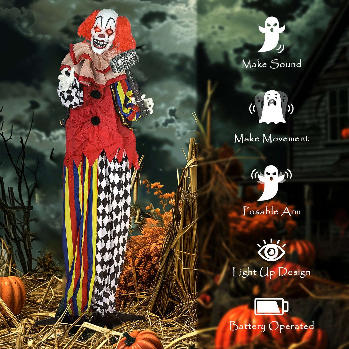 Outsunny Life Size Halloween Animated Clown with Red Light Up Eyes, Sound Activated Moving Arms & Head, Battery Operated Indoor Prop, 173 cm, Red
