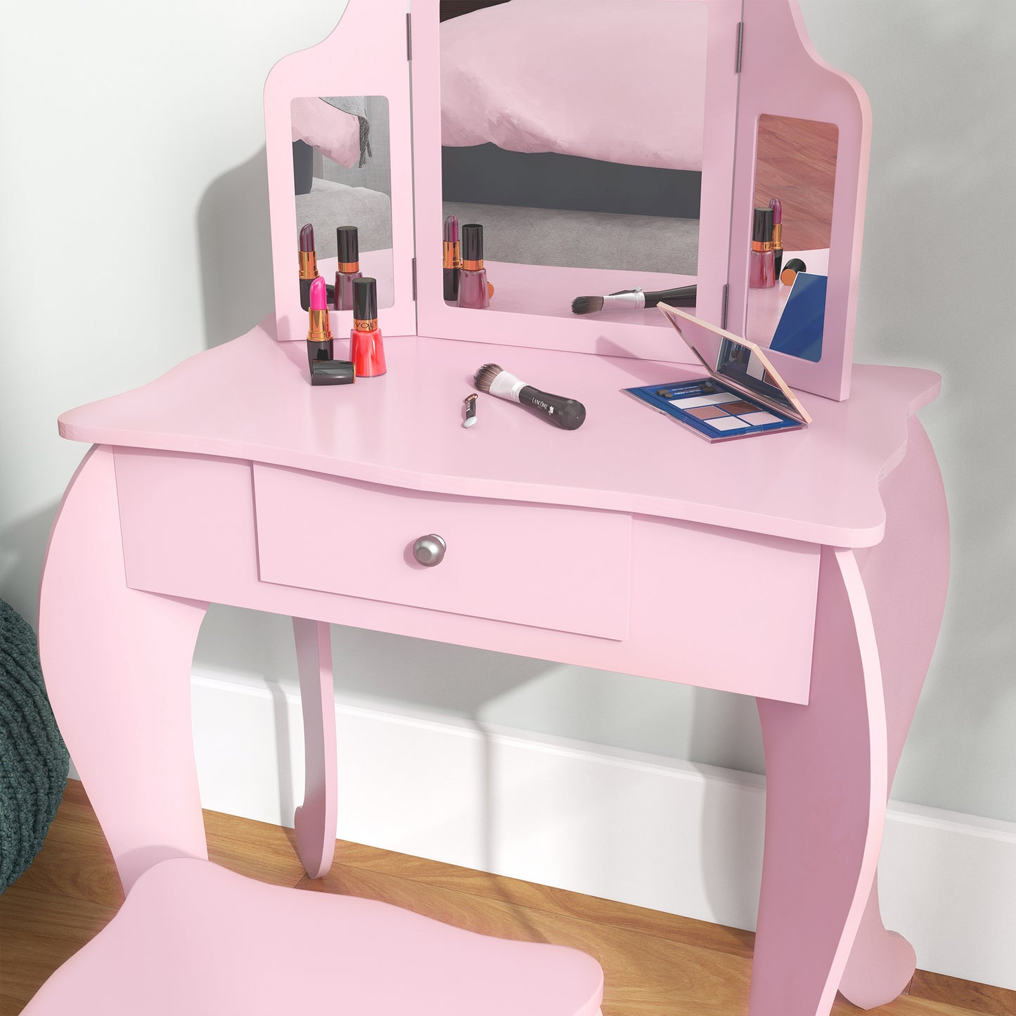 HOMCOM Kids Vanity Table and Chair Set with Tri-Folding Mirror and Stool, Makeup Dressing Table with Drawer, Pink