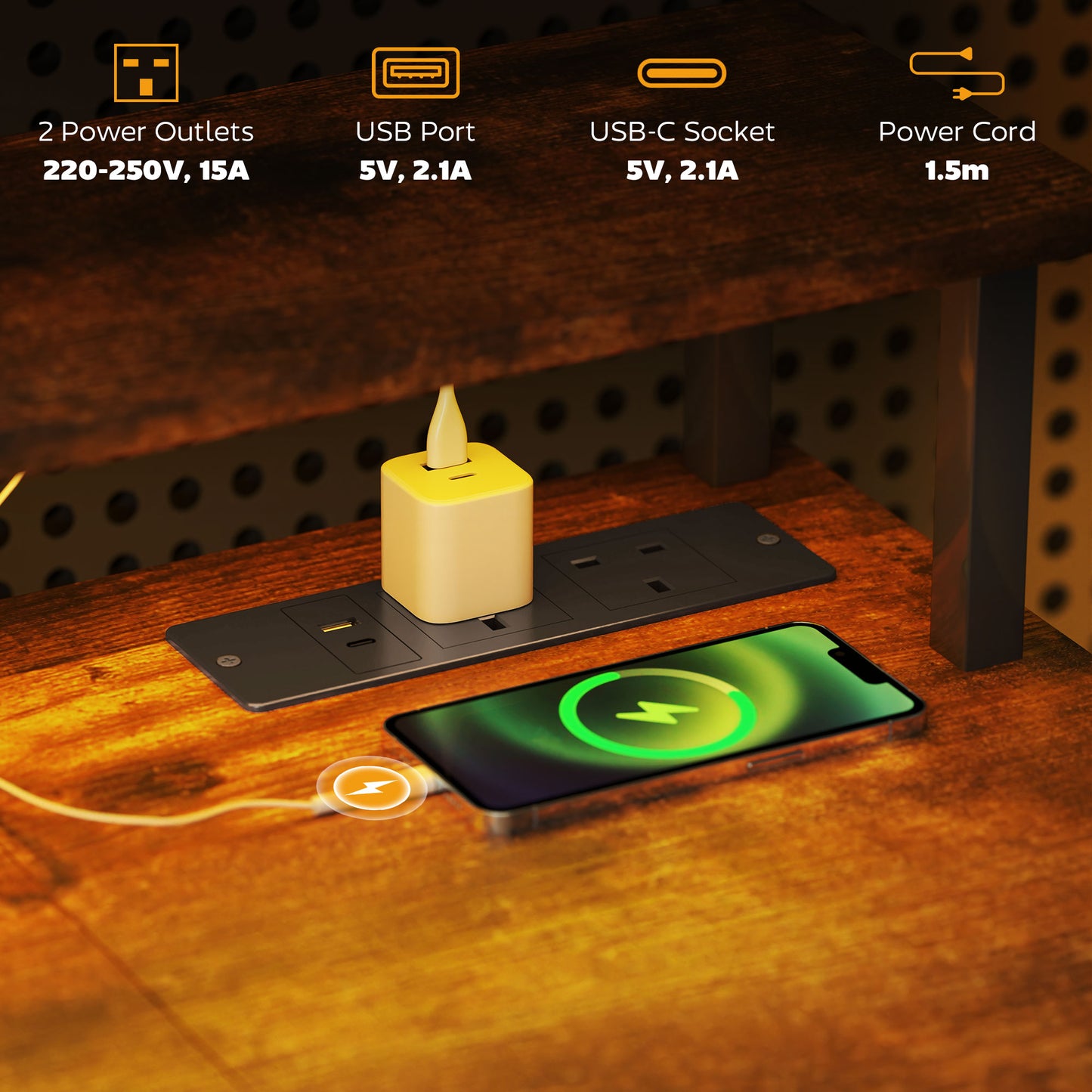 HOMCOM Computer Desk w/ Power Outlets & LED Lights, 120x50cm Reversible Desk, Monitor Stand, Rustic Brown