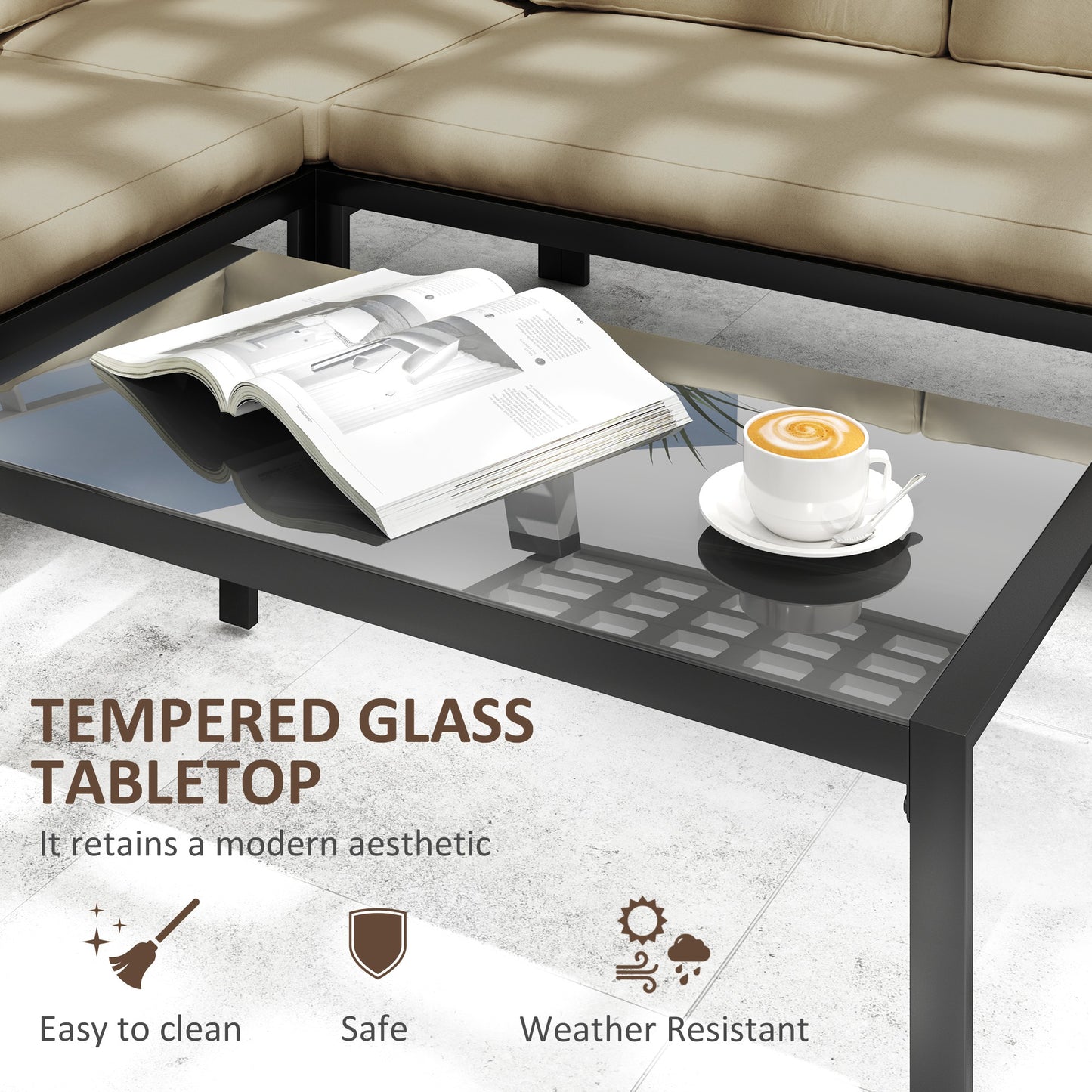 Outsunny 4 Pc Metal Garden Furniture Set w/ Glass Coffee Table, Mesh Pocket, Sofa Loveseat, Padded Cushions, Khaki