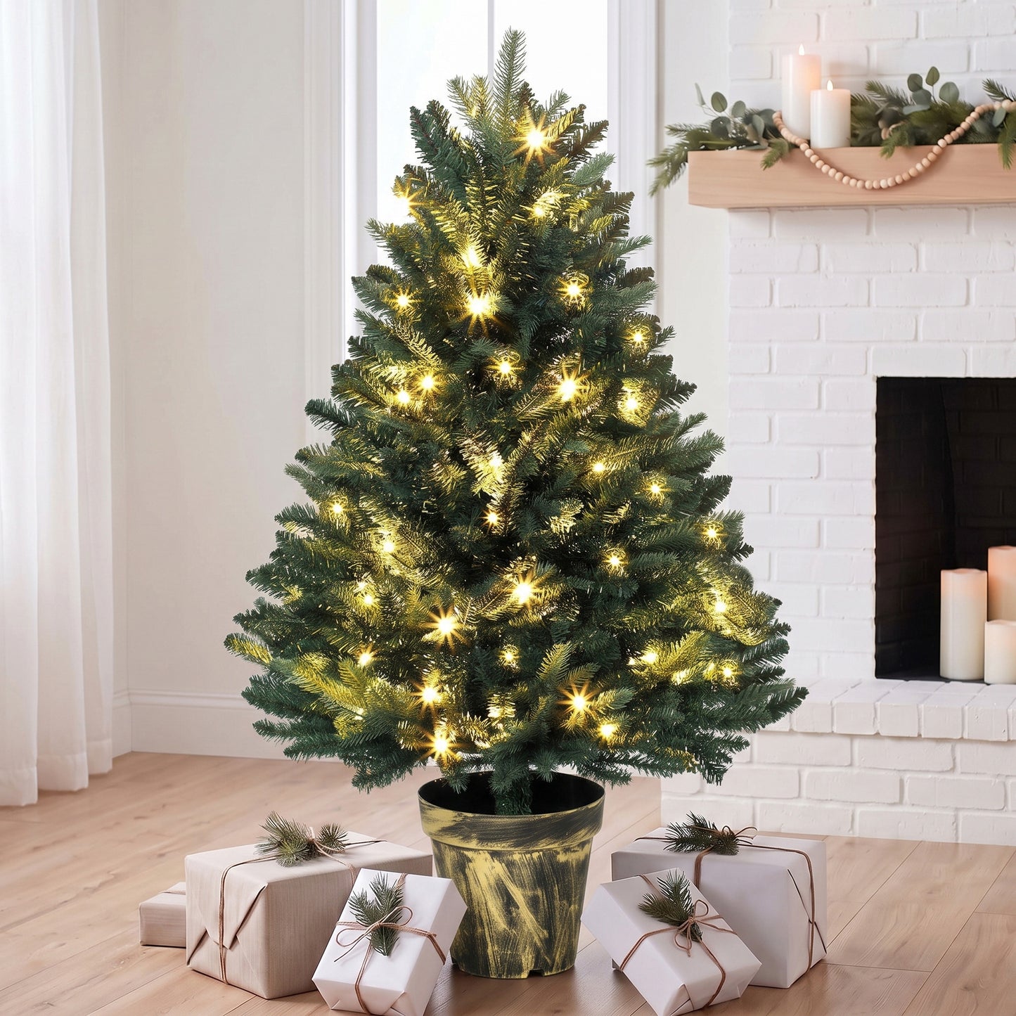 HOMCOM Realistic Xmas Tree, 4ft Prelit Artificial Christmas Tree with 80 Lights, Green