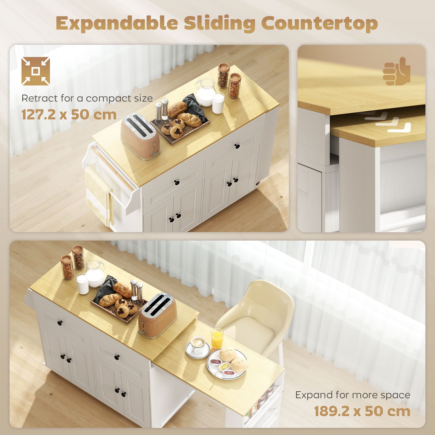 HOMCOM Rolling Kitchen with Expandable Top, Kitchen Island on Wheels with USB Ports & Power Outlets, Storage, White