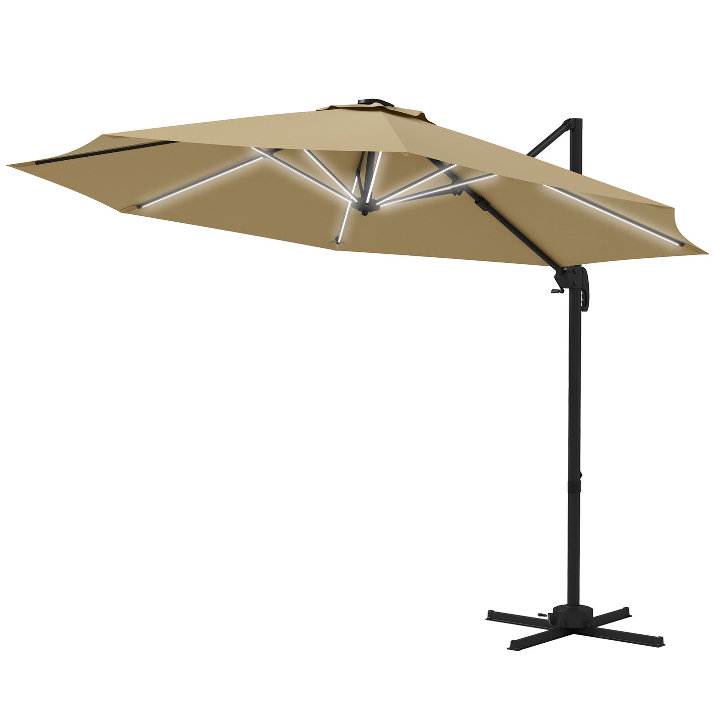 Outsunny 3(m) Adjustable Cantilever Parasol with Base, Solar LED Lights, Khaki