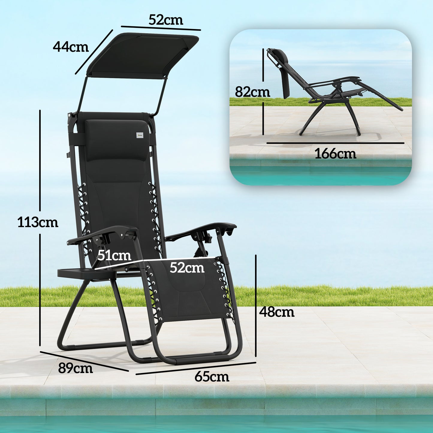 Outsunny Zero Gravity Lounger: Folding Reclining Chair with Shade, Cup Holder, Cushion & Headrest, Black