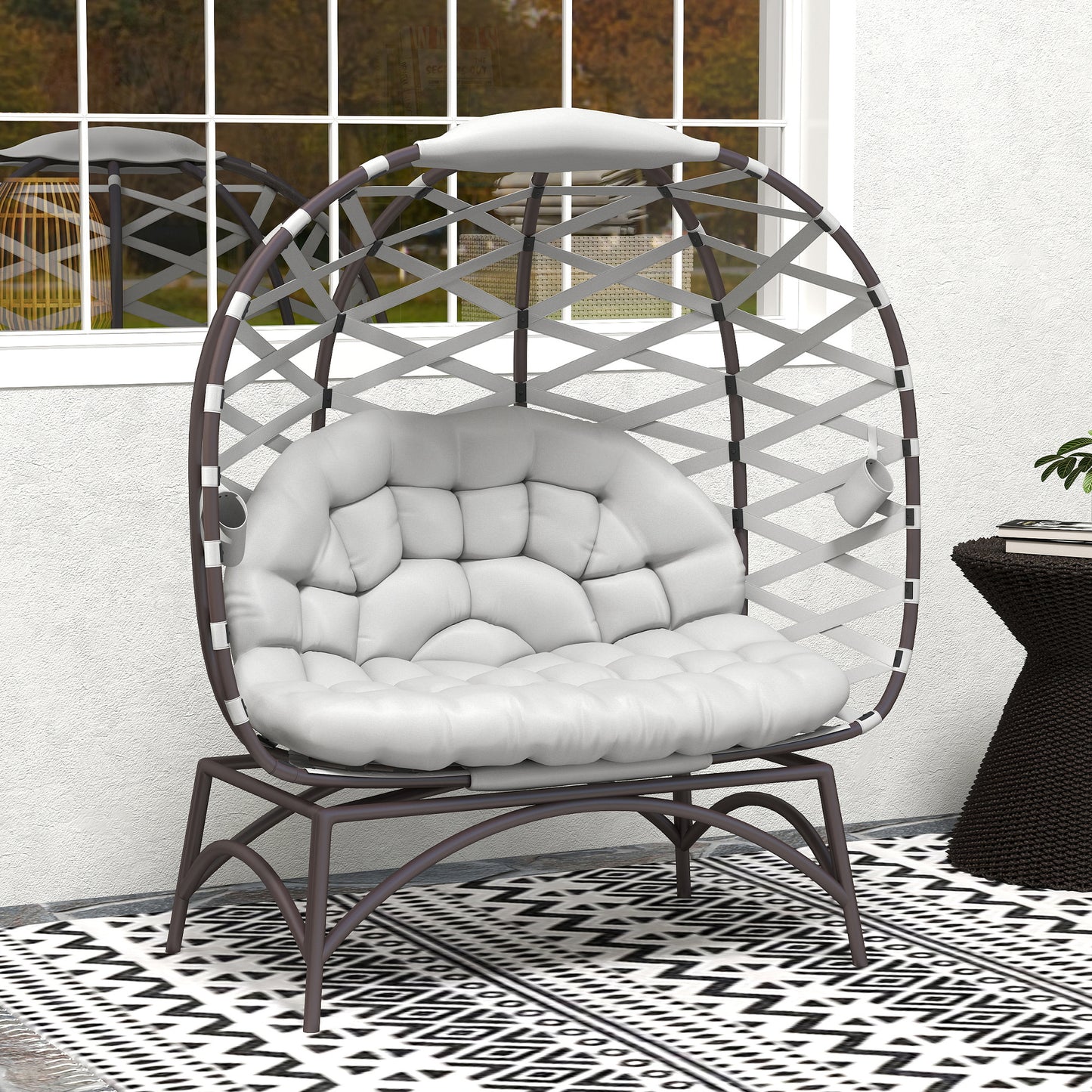 Outsunny 2 Seater Egg Chair Outdoor, Folding Weave Garden Furniture Chair with Cushion, Cup Pockets - Light Grey