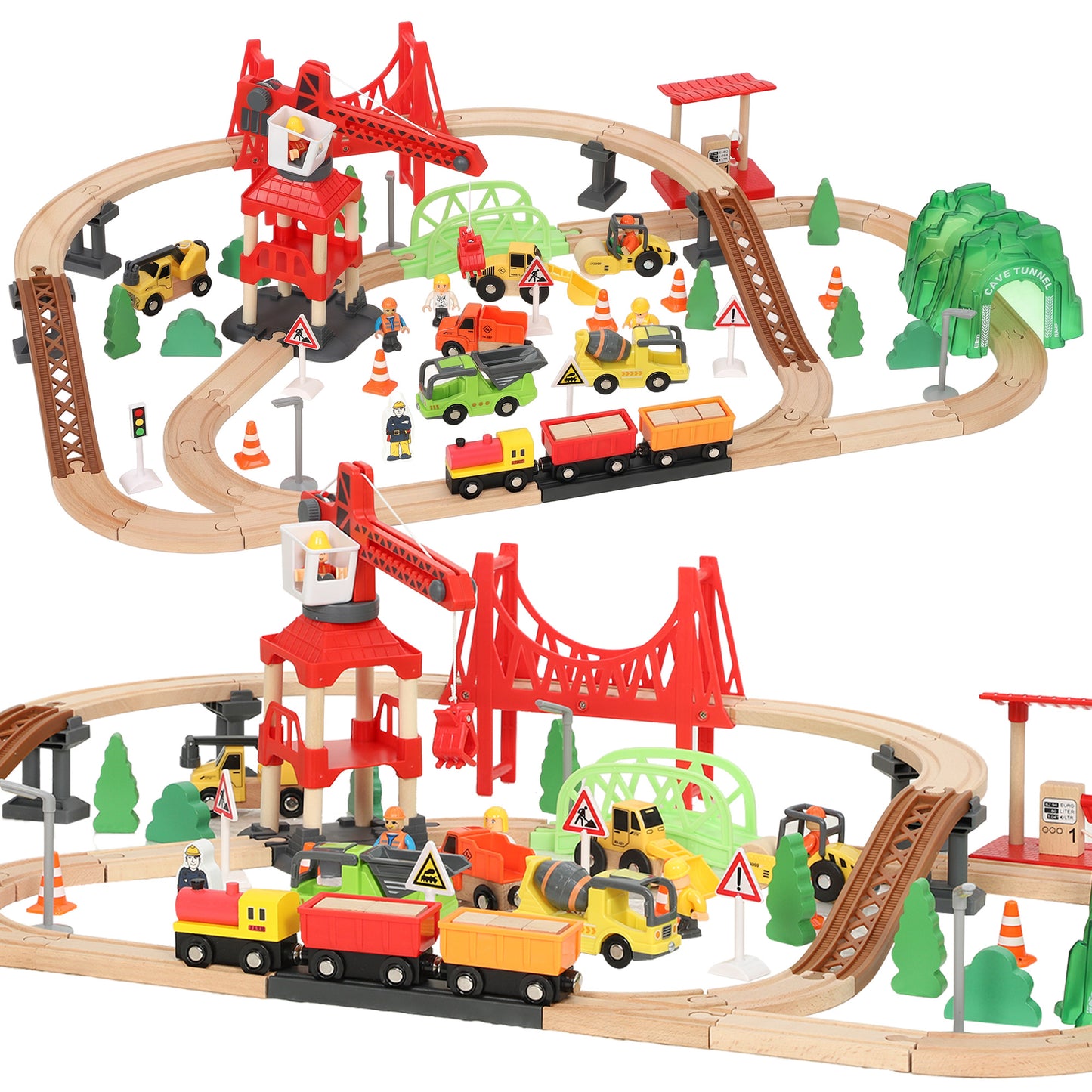 AIYAPLAY 91-Piece Wooden Train Set, Toy Train with Magnetic Crane, Sound Effects Track, for Kids Ages 3+