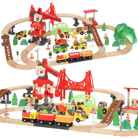 AIYAPLAY 91-Piece Wooden Train Set, Toy Train with Magnetic Crane, Sound Effects Track, for Kids Ages 3+