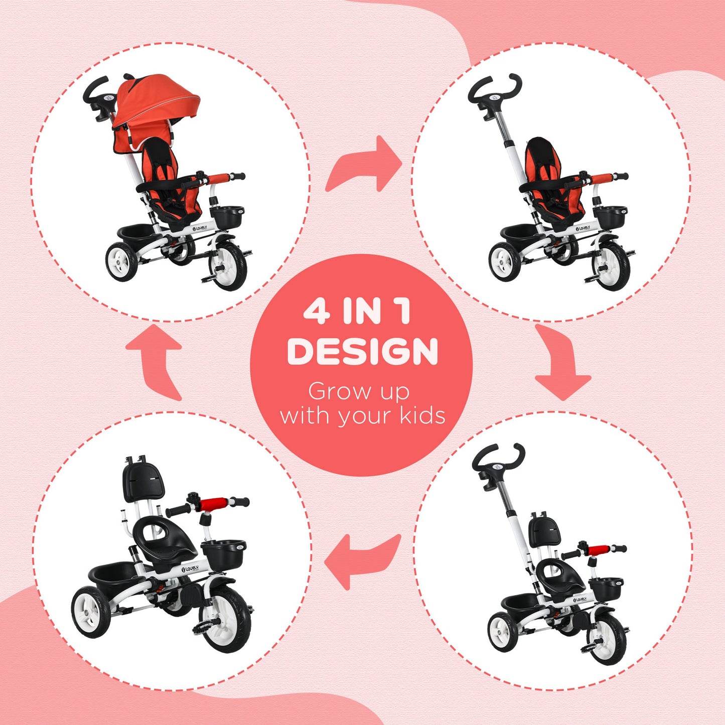 HOMCOM Metal Frame 4 in 1 Baby Push Tricycle with Parent Handle for 1-5 Years Old Red