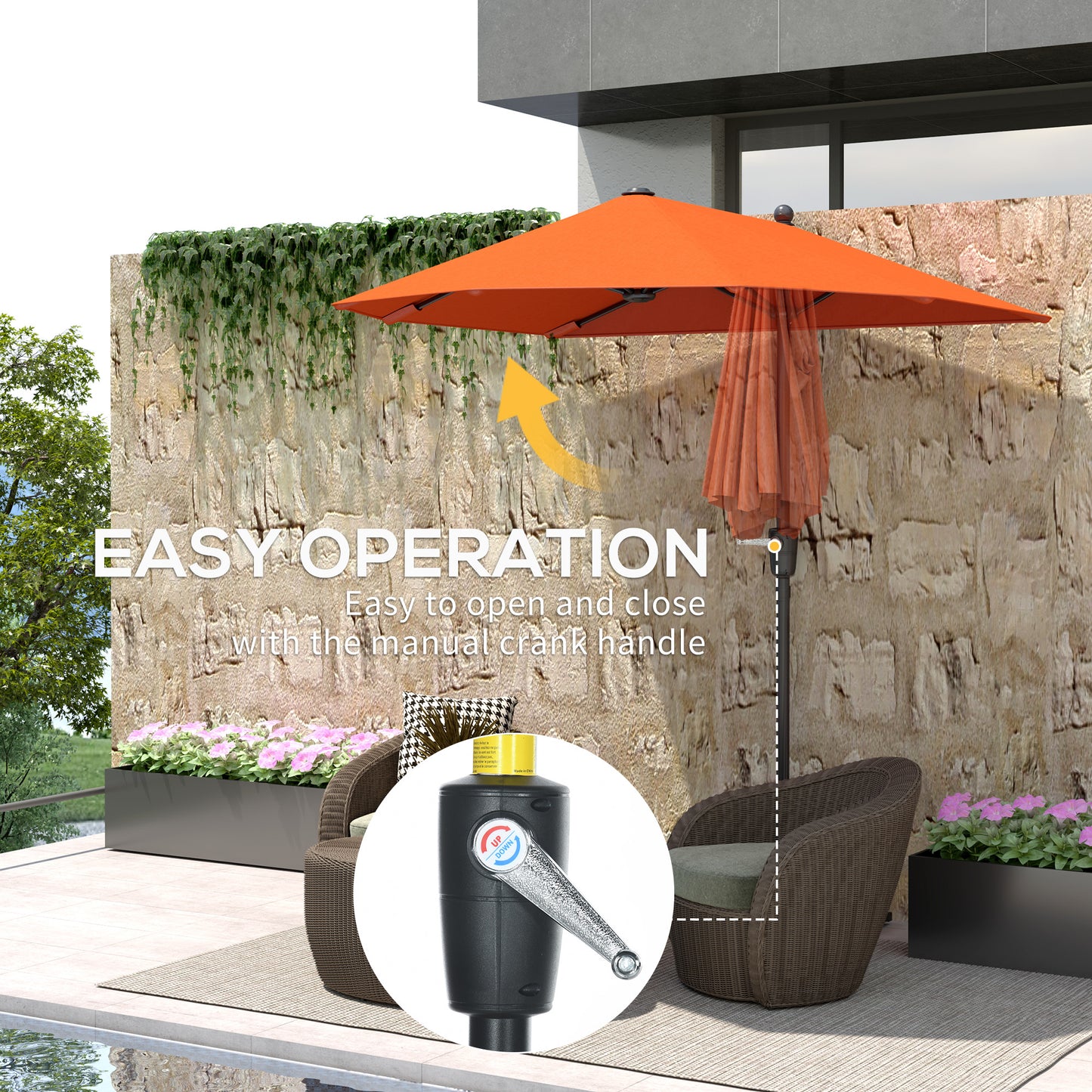Outsunny 2m Half Parasol Market Umbrella Garden Balcony Parasol with Crank Handle, Cross Base, Double-Sided Canopy, Orange