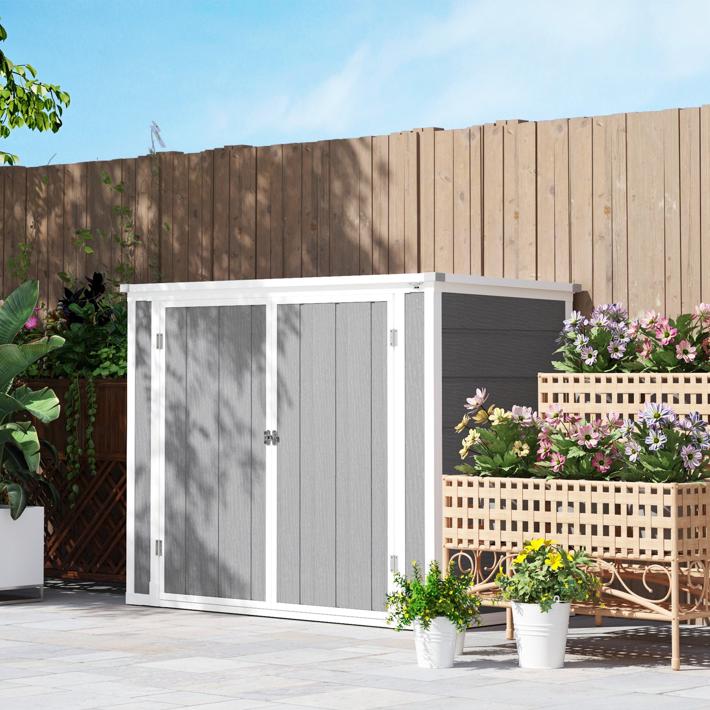 Outsunny 4.7x2.5 FT Garden Shed, Double Bin Storage with Lockable Doors & Openable Lid, Grey