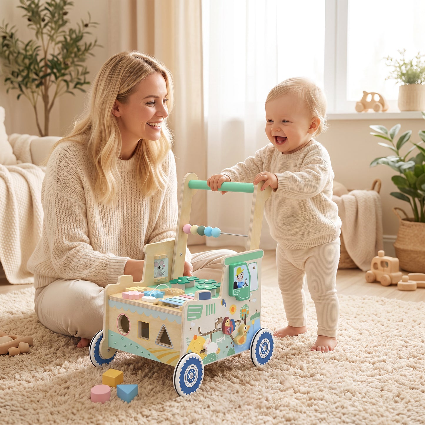 AIYAPLAY Wooden Baby Walker for 1-3 Year, Montessori Inspired Push Along Walker Toys, Multifunctional Activity Centre