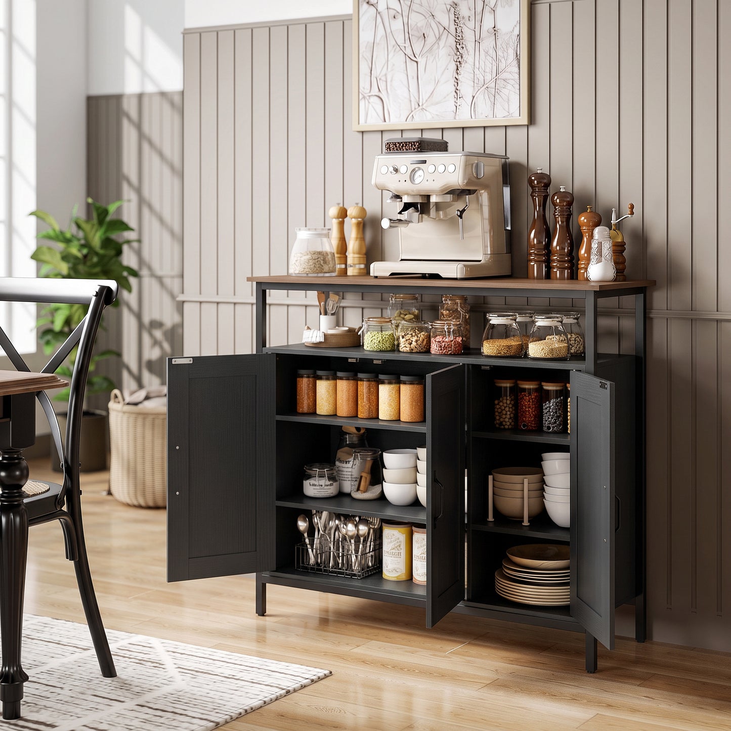 HOMCOM Industrial Kitchen Sideboard with Open Shelf, 2 Cabinets, Adjustable Shelves for Living Room, Dining Room, Black