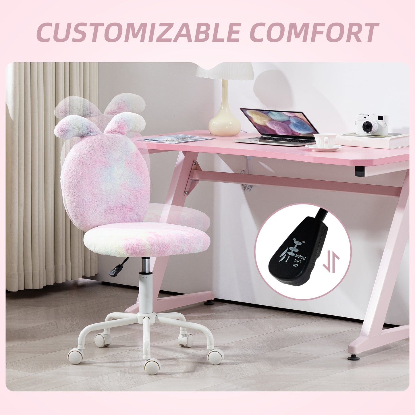 HOMCOM Fuzzy Office Chair with Bunny Ears, Faux Fur Swivel, Armless Vanity Chair, Adjustable Height for Bedroom, Study Room, Colourful