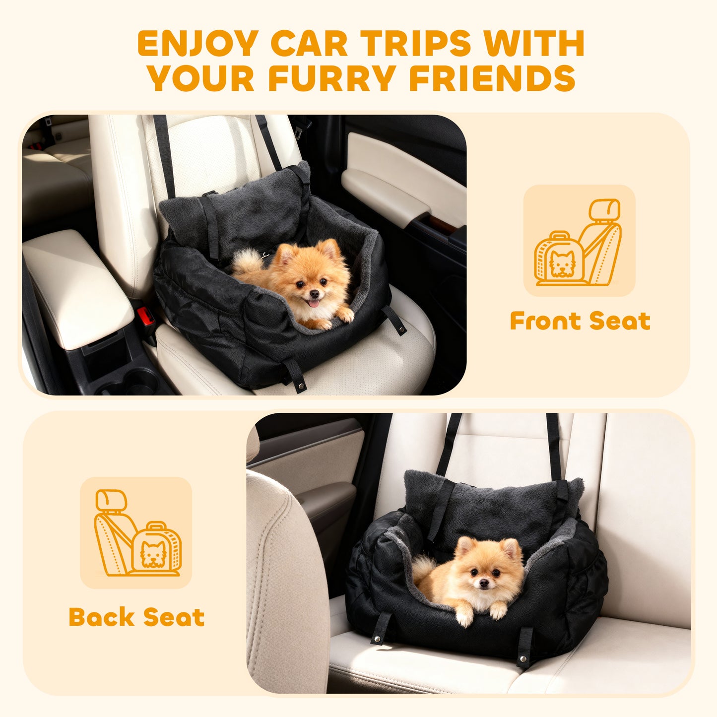 PawHut Dog Car Seat for Small Dogs with Fixed Buckle, Safety Leash, Washable Cover, 58 x 45 x 28 cm, Black