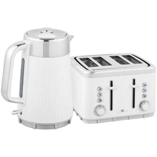 HOMCOM Kettle & Toaster Set, 3000W 1.7L Strix Rapid Boil, Limescale Filter, Cool Touch, 4 Slice Toaster, 7 Browning Levels, Crumb Tray, White
