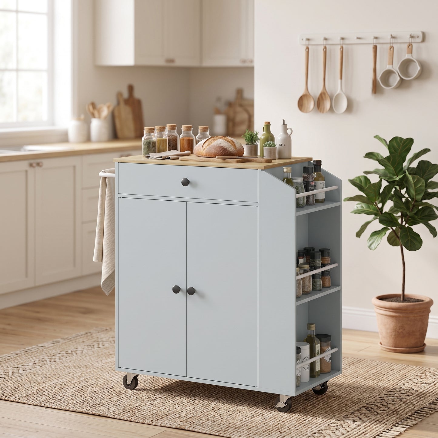 HOMCOM Rolling Kitchen Island with 3-Tier Spice Rack, Kitchen Storage Cart with Drawer and Towel Rack, Light Blue
