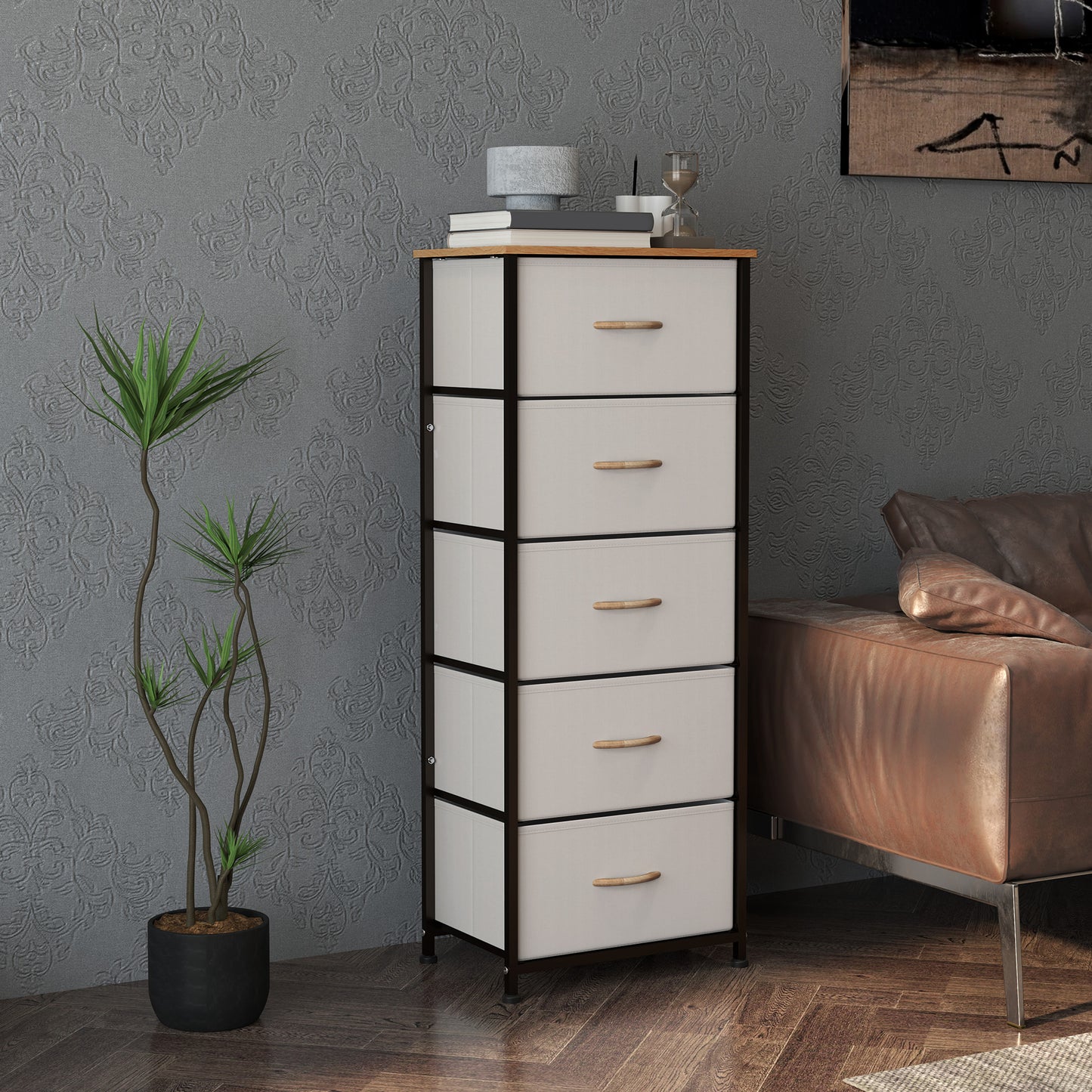 HOMCOM Chest of Drawers, Industrial Dresser with 5 Fabric Drawers, Steel Frame & Wooden Top for Bedroom, Nursery, Hallway, Cream White