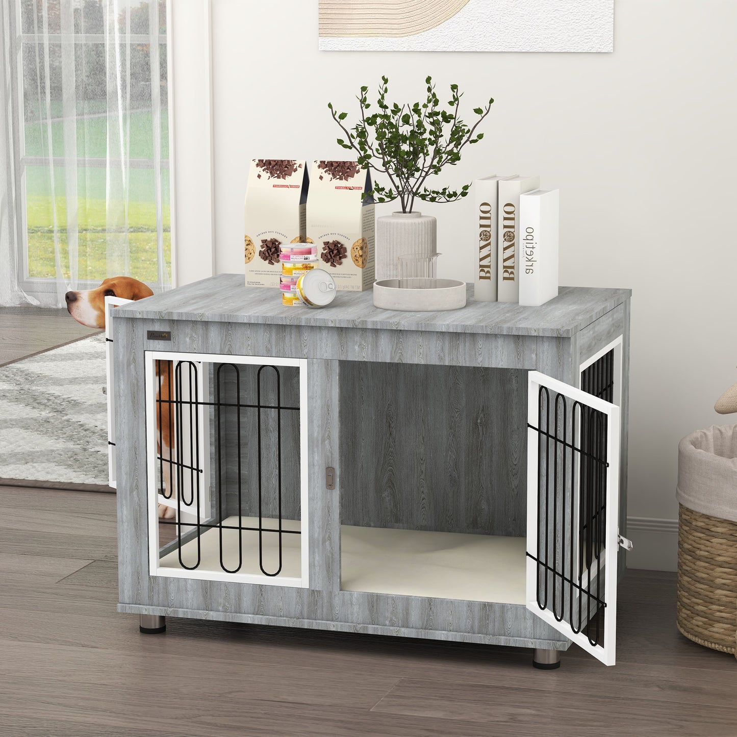 PawHut Dog Crate Furniture End Table, with Washable Cushion, Double Doors, for Medium/Large Dogs, Grey