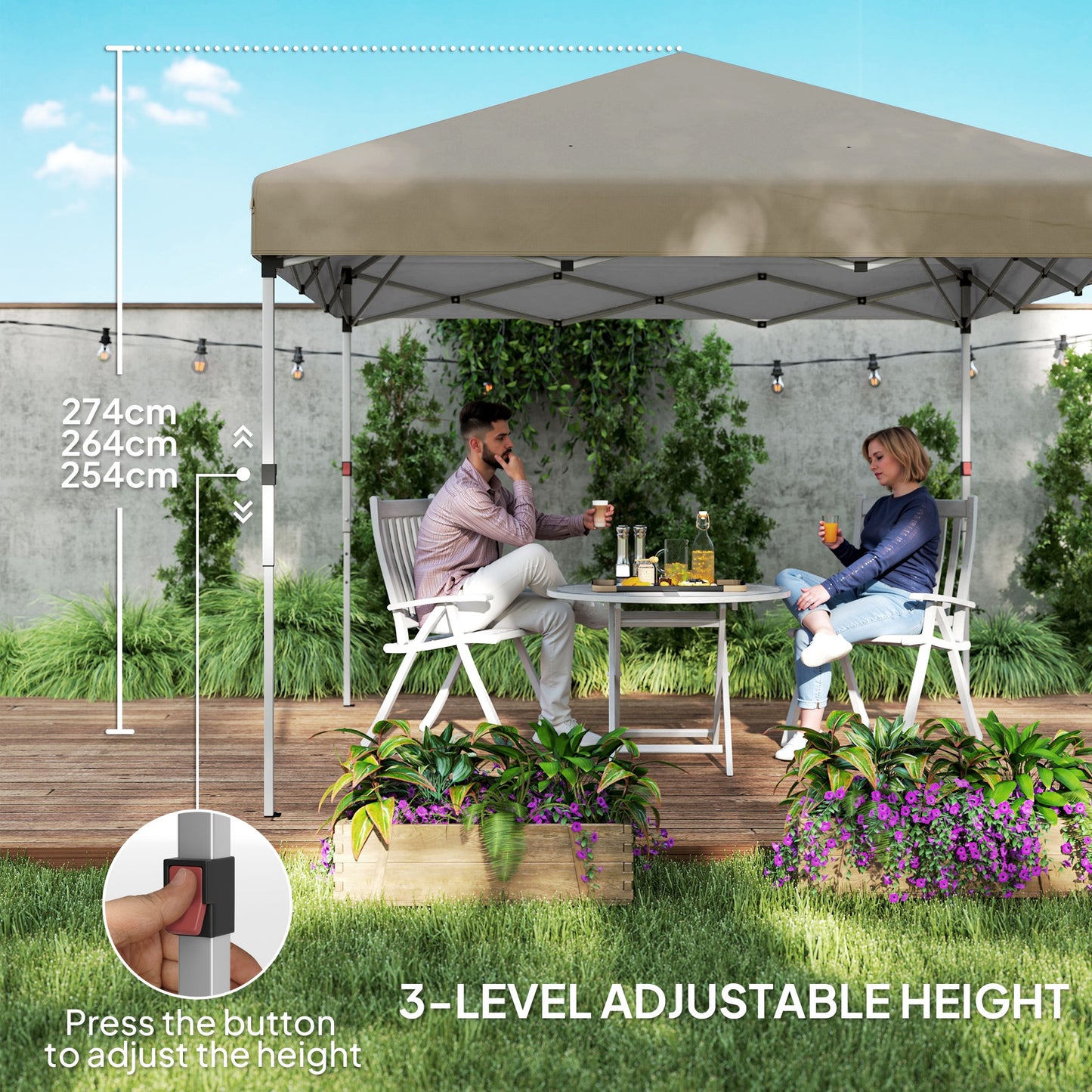 Outsunny 3x3m Pop Up Gazebo, UPF 30+, 2 Sidewalls, Leg Weight Bags & Wheeled Bag, Adjustable, Khaki