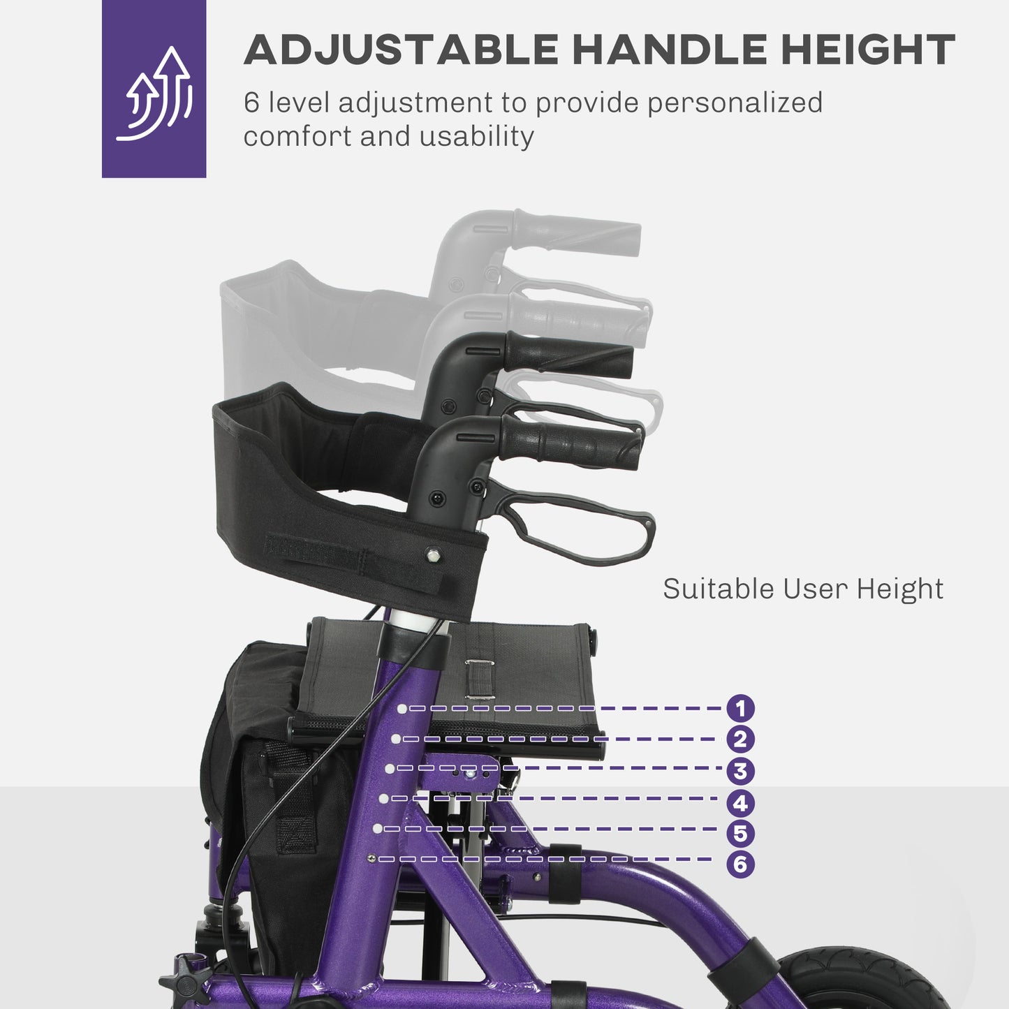 HOMCOM Folding Rollator Walker with Seat, Storage Bag, Adjustable Handle, Purple