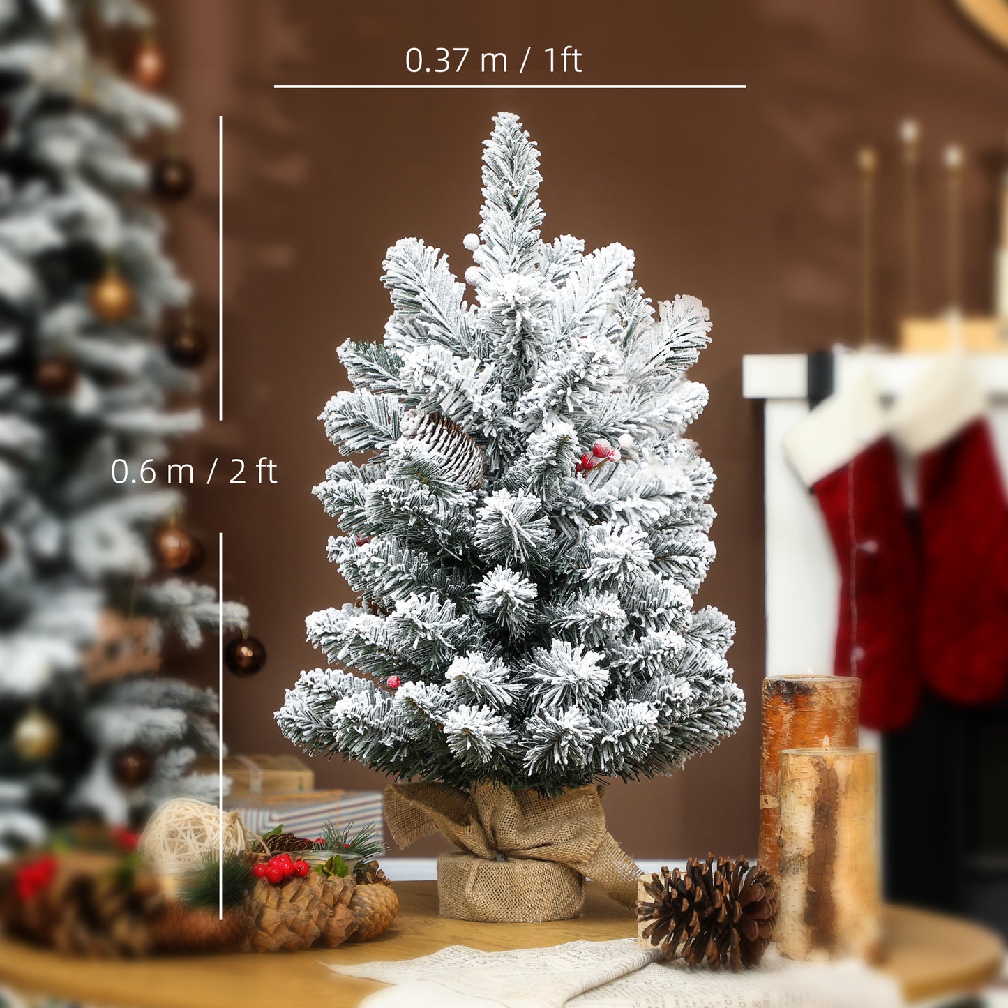 HOMCOM 60cm Prelit Christmas Tree with 35 LED Lights, Snow Flocked, 72 Branches, Pine Cones, Berry Clusters, Linen Base, Battery Operated, Green